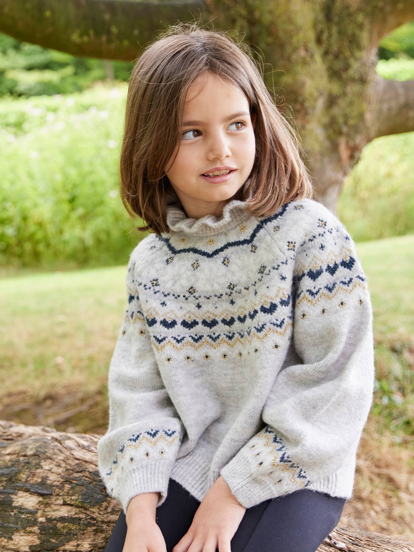 Vertbaudet Jacquard Trui Met Glinsterende Details Voor Meisjes Gemêleerd Grijs