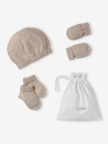 Bébé-Ensemble naissance bonnet, moufles et chaussons et son pochon personnalisable