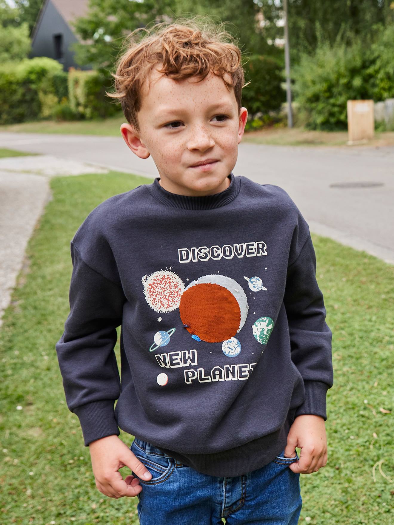 Vertbaudet Sweater Voor Jongens Met Planeten En Pailletten Antraciet
