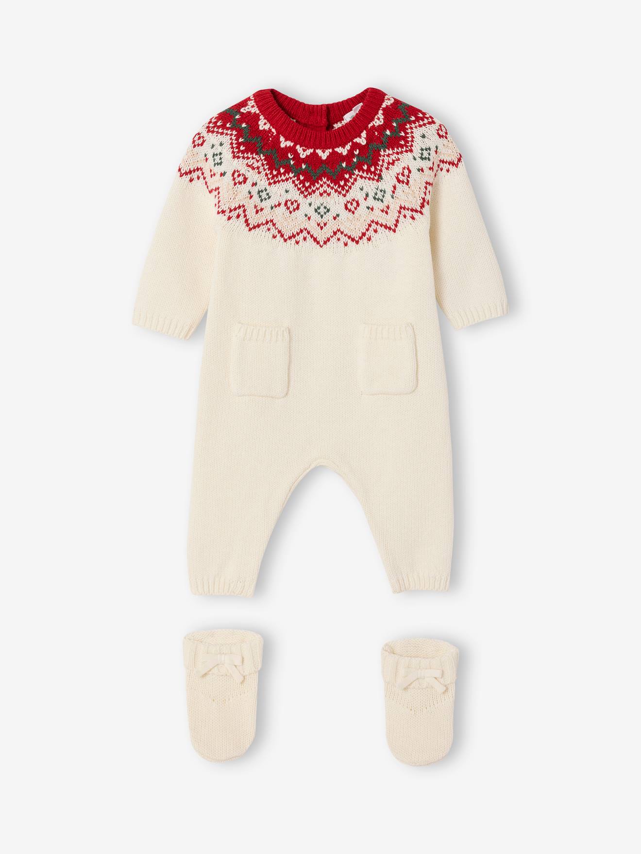 Vertbaudet 2-delige Babyset Met Tricot Babypakje + Sokken In Thema Kerst Ecru