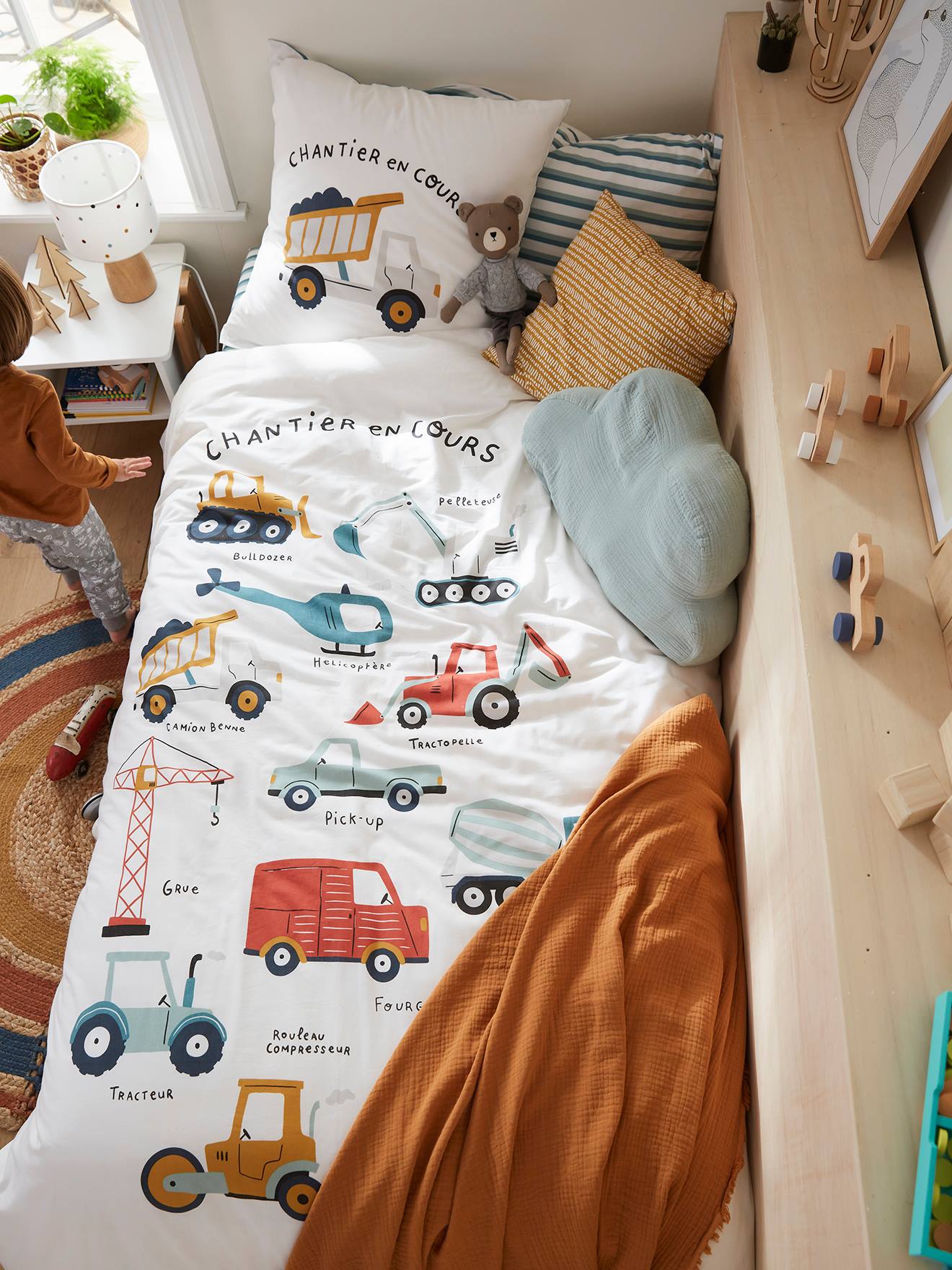 Vertbaudet Set Dekbedovertrek + Kussensloop Voor Kinderen Quel Chantier! Oeko-Tex® Ecru/meerkleurig