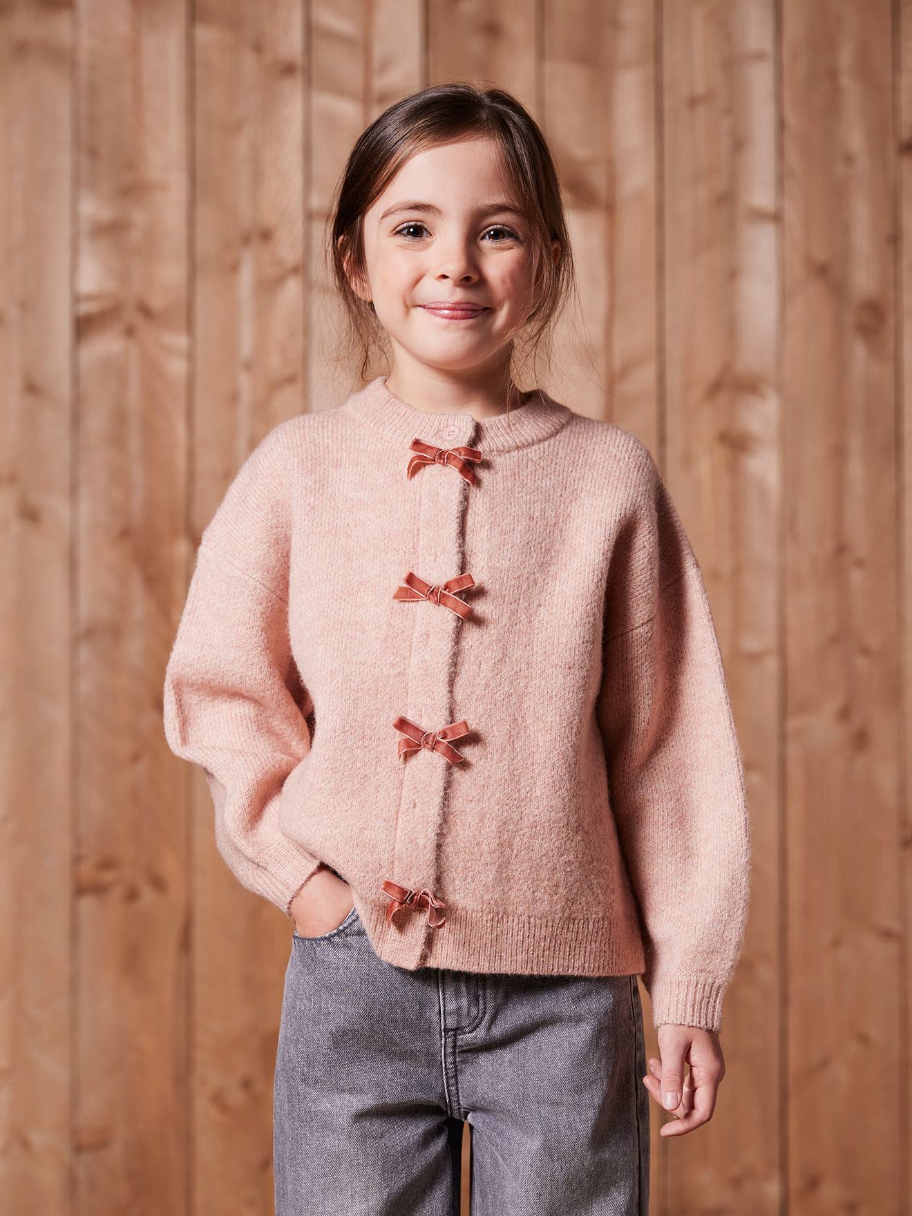 Vertbaudet Fantasie Vest Voor Meisjes Met Fluweel / Velours Met Strik Roze (poederkleur)