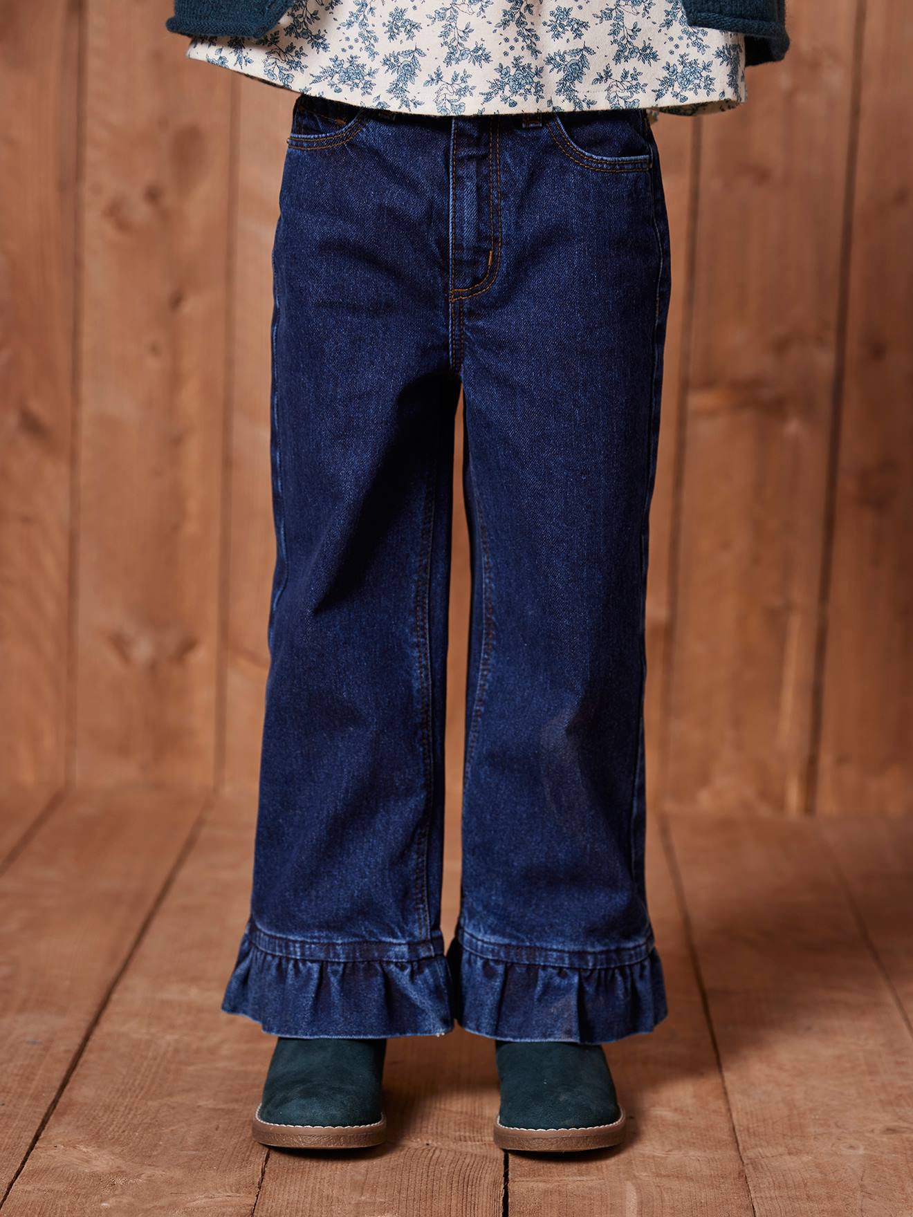 Vertbaudet Wijde Jeans Met Ruches Voor Meisjes Donkerblauw