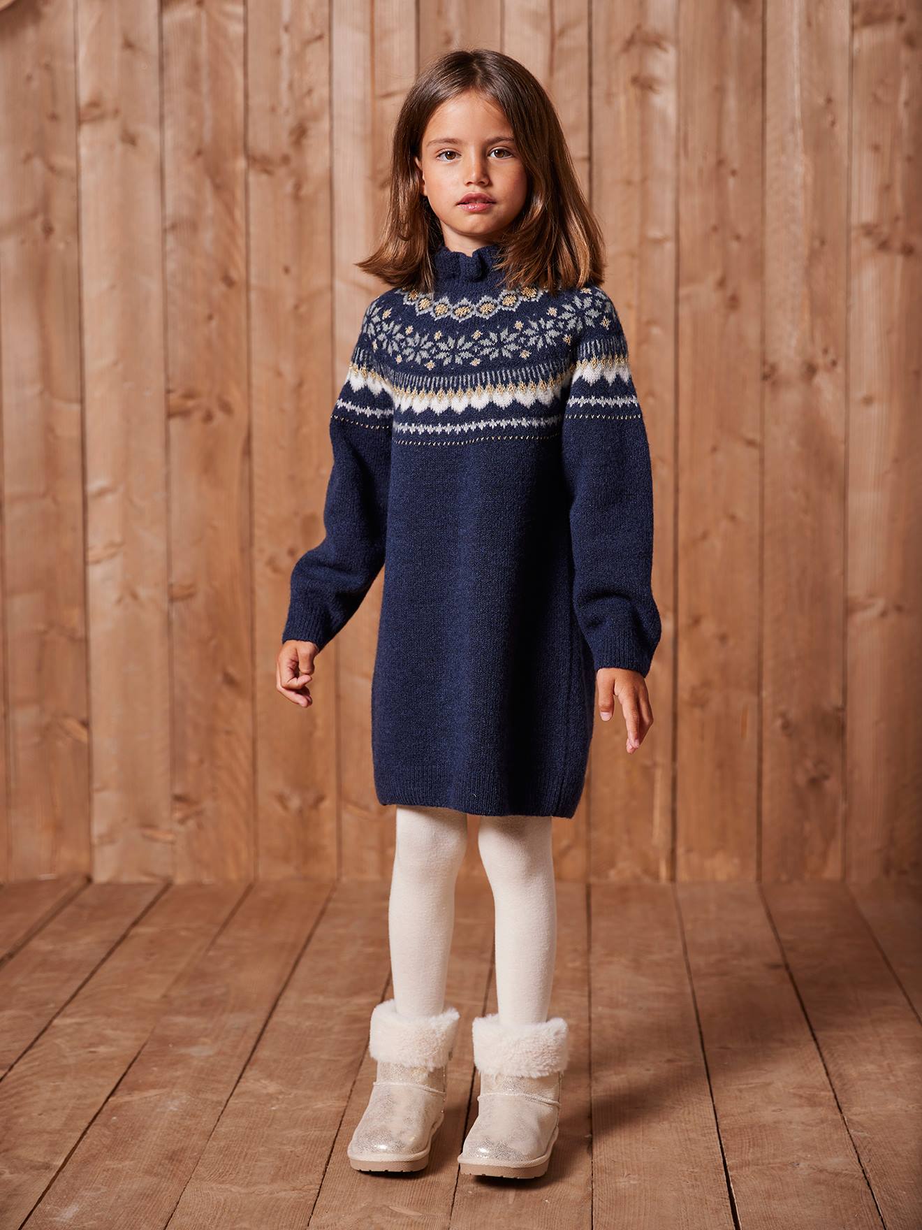 Vertbaudet Jacquard Jurk In Tricot Voor Meisjes Marineblauw