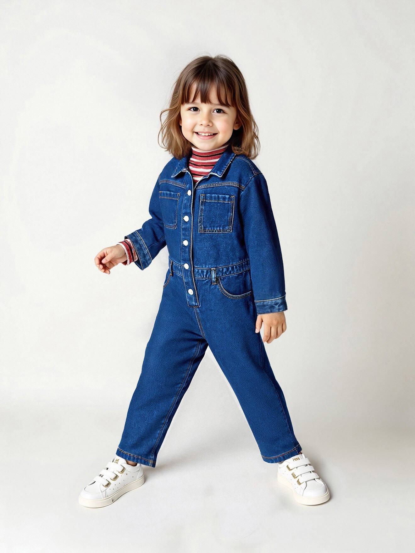 Vertbaudet Jumpsuit Van Denim In Workerstijl Voor Meisjes Middenblauw